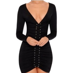 Oh Polly Long Sleeve Plunging Mini Dress with Lace Up Gather Front Detail